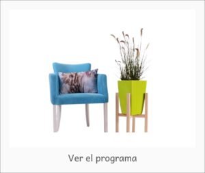 Sillón azul con cojines y planta con base de madera